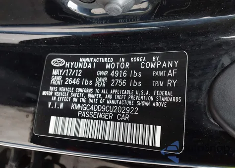 2012 Hyundai Genesis 3.8 from USA, damaged, VIN KMHGC4DD9CU202922